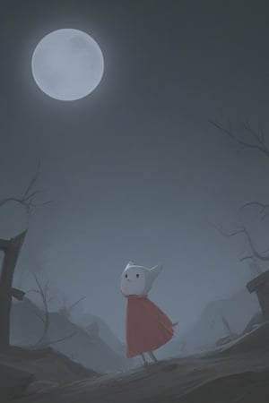 1girl, solo, cloak, A misty graveyard under the full moon, with twisted, dead trees and spectral apparitions floating above old, weathered tombstones. Mysterious and chilling ambiance.,adventure time,dot eyes