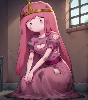 score_9, score_8, 1girl, solo, Bonnibel, pink hair, pink skin, long hair, straight hair, puffy short sleeves, long skirt, torn outfit, dirty, looking at viewer, sad, closed mouth, sitting, dynamic angle, indoors, prison, jail bar window, dirty cellar,adventure time,dot eyes