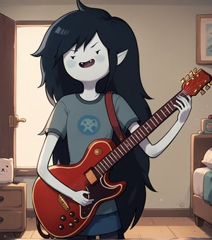 score_9, score_8_up, score_7_up, m4rc3l1n3,1girl,solo, dot eyes,grey skin, long hair,marceline abadeer from adventure time, playing guitar,fangs, room, bedroom