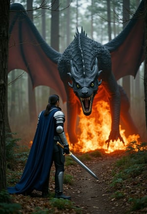 The dragon fully emerges from the portal, its scales shimmering with a mix of black and crimson hues. Sir Alaric, unwavering in his resolve, tightens his grip on his sword. The dragon lets out a deafening roar, shaking the forest to its core, and spreads its massive wings, casting a shadow over Sir Alaric. Despite the overwhelming presence of the beast, Sir Alaric stands firm, his silver armor gleaming in the fiery glow of the dragon's breath. His dark hair remains tied back, and his deep blue cape billows in the wind as his piercing green eyes lock onto the dragon, ready for the epic battle that is about to unfold.
