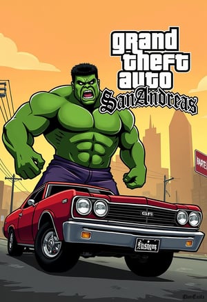 gtastyle A stylized illustration of a character from Grand Theft Auto,shadow,San Andreas,poster text "'GRAND THEFT AUTO''SAN ANDREAS'",hulk angry face,city,car,smasing car