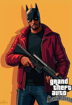 gtastyle A stylized illustration of a character from Grand Theft Auto,shadow,San Andreas,poster text GRAND THEFT AUTOSAN ANDREAS,oilpainting,batman,