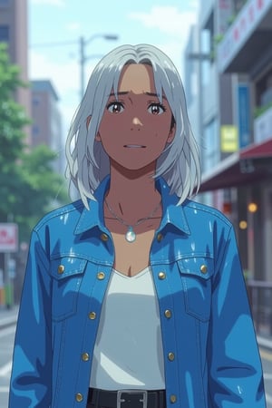 "A fashionable woman with white hair posing confidently in a trendy urban setting. She is wearing a stylish denim jacket over a white blouse. The photograph should have a blue pastel tone, with a modern editorial photography style that highlights her outfit and the city background."