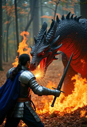 The fierce battle between Sir Alaric and the dragon rages on. The knight’s sword clashes with the dragon’s fiery breath, creating bursts of light and sparks that illuminate the dark forest. Sir Alaric’s silver armor is scorched in places, but his resolve remains unshaken. His dark hair, tied back, is visible as he dodges the dragon’s attacks and counters with precise strikes. The deep blue cape flutters violently with each movement. The dragon, with its black and crimson scales glistening, roars in frustration, its eyes glowing fiercely. The forest around them is now a chaotic battleground of swirling flames and shattered trees, reflecting the intensity of their combat.
