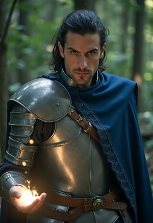 Sir Alaric, still in his shining silver armor with a deep blue cape flowing behind him, cautiously approaches the glowing artifact. His dark hair is neatly tied back, and his piercing green eyes scan the surroundings for any threats. As he reaches out to touch the artifact, the ground suddenly trembles, and a deep, ancient voice echoes through the forest, warning him of the great danger that lies ahead. The artifact's light intensifies, illuminating Sir Alaric's determined expression as he prepares for whatever challenge awaits.
