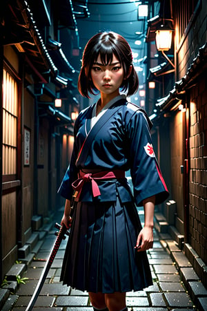 Pretty Japanese female in school uniform with katana in a dark alley, cinematic, 3d render, unreal engine, 32k