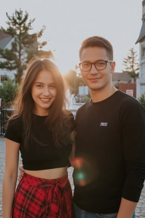 close-up shot, photorealism, photography of a beautiful riley reid and her boyfriend, standing on a cobblestone street, sunset, lens flare, girl wearing red tartan skirt and black crop top with  text "PROSTO" written on it ,  girl is smiling warmly, outdoors, autumn foliage, traditional houses, fountain, vibrant colors, detailed, photorealistic, looking at viewer, wind, hair flowing over, crowded, cinematic lighting,young  guy has short brown hair and glasses and satisfied expression , his black shirt has small white rectangle with  text "PROSTO" written on it , 