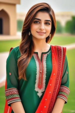 A Pakistani cute girl, 30, realism, realistic, full body shot, smiling, hdr, real life, HD, real, make it look real human, detailed features