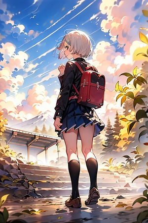 1girl, solo, short hair, skirt, shirt, long sleeves, school uniform, standing, white hair, pleated skirt, outdoors, sky, shoes, serafuku, day, socks, cloud, black skirt, sailor collar, water, bag, from behind, tree, blue sky, kneehighs, leaf, brown footwear, backpack, black socks, building, red shirt, scenery, walking, stairs, mountain, facing away, road, architecture, house, bridge, waterfall, path