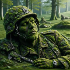 german world war two soldier, eyes closed, lying in a forest, ral-ovrgrwth, 