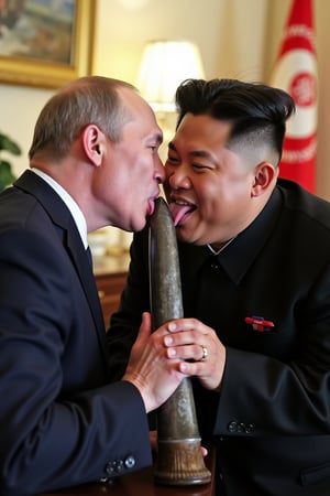 Vladimir Putin and Kim Jong Un lick and share a missile