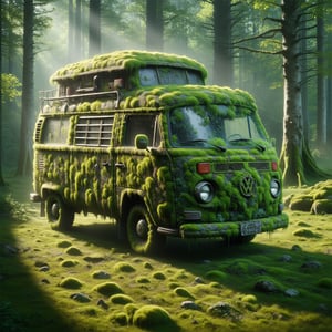 1979 VW bus, in a forest, ral-ovrgrwth, 