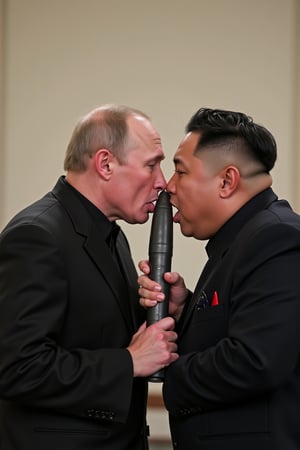 Vladimir Putin and Kim Jong Un lick and share a missile