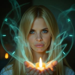 A close-up, sharply focused portrait of a slender, beautiful blonde woman with striking blue eyes, depicted as a powerful sorceress performing a mystical ritual to rekindle the love between a couple. Her blue eyes are exceptionally vivid and clear, reflecting the intense magic and emotion of the ritual. She is surrounded by glowing candles and intricate arcane symbols, with a magical aura enveloping her. The ritual involves elements of air, represented by swirling gusts and delicate, wispy tendrils of transparent, turquoise light. These air elements create ethereal halos of turquoise around the sorceress and form intricate patterns in the air. Her hands are raised, channeling energy into the spell, with soft, shimmering light and swirling mystical symbols emanating from her palms. The background is softly blurred to maintain focus on her and the detailed ritual elements. The image should be rendered in ultra-high resolution (8K or higher) with exceptional detail, capturing the texture of her skin, the clarity of her blue eyes, the warm glow of the candles, and the intricate details of the turquoise halos and air elements. Use realistic lighting to enhance the magical and romantic atmosphere, ensuring no blurring, pixelation, or artifacts.