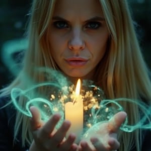 A close-up, sharply focused portrait of a slender, beautiful blonde woman with striking blue eyes, depicted as a powerful sorceress performing a mystical ritual to rekindle the love between a couple. Her blue eyes are exceptionally vivid and clear, reflecting the intense magic and emotion of the ritual. She is surrounded by glowing candles and intricate arcane symbols, with a magical aura enveloping her. The ritual involves elements of air, represented by swirling gusts and delicate, wispy tendrils of transparent, turquoise light. These air elements create ethereal halos of turquoise around the sorceress and form intricate patterns in the air. Her hands are raised, channeling energy into the spell, with soft, shimmering light and swirling mystical symbols emanating from her palms. The background is softly blurred to maintain focus on her and the detailed ritual elements. The image should be rendered in ultra-high resolution (8K or higher) with exceptional detail, capturing the texture of her skin, the clarity of her blue eyes, the warm glow of the candles, and the intricate details of the turquoise halos and air elements. Use realistic lighting to enhance the magical and romantic atmosphere, ensuring no blurring, pixelation, or artifacts.