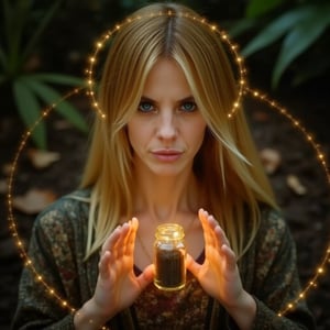 A close-up, sharply focused portrait of a slender, beautiful blonde woman with striking blue eyes, depicted as an earth mage performing a symbolic burial ritual. Her blue eyes are exceptionally vivid and clear, reflecting the depth and seriousness of her magic. She is not buried but is actively involved in the ritual of entombing a harmful spirit contained in a glass jar filled with soil. The surrounding earth elements include rich, textured soil and scattered leaves, with ethereal halos of brown light forming intricate patterns around her. Her hands are delicately placing the jar into the earth, with soft, shimmering light and mystical symbols emanating from her palms. The background is softly blurred to keep the focus on her and the ritual's details. The image should be rendered in ultra-high resolution (8K or higher) with exceptional detail, capturing the texture of her skin, the clarity of her blue eyes, the earthy textures, and the intricate brown halos. Use realistic lighting to enhance the magical and solemn atmosphere, ensuring no blurring, pixelation, or artifacts.