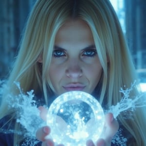 A close-up, sharply focused portrait of a slender, beautiful blonde woman with striking blue eyes, depicted as an ice mage performing a ritual to symbolically freeze her enemies. Her blue eyes are exceptionally vivid and clear, reflecting the intense power and precision of her magic. She is surrounded by elements of ice, including crystalline formations, frost-covered surfaces, and swirling snowflakes. Ethereal halos of icy blue and frosty white light create intricate patterns around her, enhancing the cold and mystical atmosphere. Her hands are raised, channeling the icy energy, with soft, shimmering light and mystical symbols of frost emanating from her palms. The background is softly blurred to keep the focus on her and the detailed ice elements. The image should be rendered in ultra-high resolution (8K or higher) with exceptional detail, capturing the texture of her skin, the clarity of her blue eyes, the crispness of the ice, and the intricate blue and white halos. Use realistic lighting to emphasize the magical and chilling ambiance, ensuring no blurring, pixelation, or artifacts.