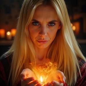 A close-up, sharply focused portrait of a slender, beautiful blonde woman with striking blue eyes, depicted as a powerful sorceress performing a mystical ritual to rekindle the love between a couple. Her blue eyes are exceptionally vivid and clear, capturing the intensity and depth of her magic. She is surrounded by glowing candles and intricate arcane symbols, with a magical aura enveloping her. The ritual involves elements of fire, represented by vibrant flames and fiery, glowing embers that dance around her. These fire elements create ethereal halos of orange light around the sorceress and form intricate patterns in the air. Her hands are raised, channeling energy into the spell, with soft, shimmering light and swirling mystical symbols emanating from her palms. The background is softly blurred to keep the focus on her and the detailed ritual elements. The image should be rendered in ultra-high resolution (8K or higher) with exceptional detail, capturing the texture of her skin, the clarity of her blue eyes, the warm glow of the candles, and the intricate details of the orange halos and fire elements. Use realistic lighting to enhance the magical and romantic atmosphere, ensuring no blurring, pixelation, or artifacts.