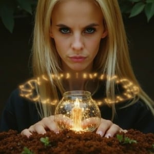 A close-up, sharply focused portrait of a slender, beautiful blonde woman with striking blue eyes, depicted as an earth mage performing a symbolic burial ritual. Her blue eyes are exceptionally vivid and clear, reflecting the depth and seriousness of her magic. She is not buried but is actively involved in the ritual of entombing a harmful spirit contained in a glass jar filled with soil. The surrounding earth elements include rich, textured soil and scattered leaves, with ethereal halos of brown light forming intricate patterns around her. Her hands are delicately placing the jar into the earth, with soft, shimmering light and mystical symbols emanating from her palms. The background is softly blurred to keep the focus on her and the ritual's details. The image should be rendered in ultra-high resolution (8K or higher) with exceptional detail, capturing the texture of her skin, the clarity of her blue eyes, the earthy textures, and the intricate brown halos. Use realistic lighting to enhance the magical and solemn atmosphere, ensuring no blurring, pixelation, or artifacts.