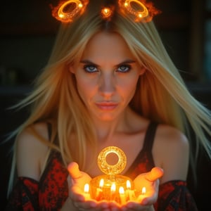 A close-up, sharply focused portrait of a slender, beautiful blonde woman with striking blue eyes, depicted as a powerful sorceress performing a mystical ritual to rekindle the love between a couple. Her blue eyes are exceptionally vivid and clear, capturing the intensity and depth of her magic. She is surrounded by glowing candles and intricate arcane symbols, with a magical aura enveloping her. The ritual involves elements of fire, represented by vibrant flames and fiery, glowing embers that dance around her. These fire elements create ethereal halos of orange light around the sorceress and form intricate patterns in the air. Her hands are raised, channeling energy into the spell, with soft, shimmering light and swirling mystical symbols emanating from her palms. The background is softly blurred to keep the focus on her and the detailed ritual elements. The image should be rendered in ultra-high resolution (8K or higher) with exceptional detail, capturing the texture of her skin, the clarity of her blue eyes, the warm glow of the candles, and the intricate details of the orange halos and fire elements. Use realistic lighting to enhance the magical and romantic atmosphere, ensuring no blurring, pixelation, or artifacts.