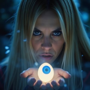 A close-up, sharply focused portrait of a slender, beautiful blonde woman with striking blue eyes, depicted as a powerful mage performing a ritual to cleanse the evil eye. Her blue eyes are exceptionally vivid and clear, reflecting the intensity and focus of her magical work.The scene features several protective and cleansing items:Nazarlik (Evil Eye Amulet): A traditional blue and white glass amulet prominently displayed, glowing softly with protective energy.Egg: A white egg held delicately in the mage's hand, symbolizing the absorption of negative energies.Hamsa: A protective hand-shaped amulet visible near her, glowing with a subtle, mystical light, representing protection and strength.Mirrors: Small, reflective mirrors surrounding her, deflecting negative energies away from her and the ritual space.The mage is surrounded by a powerful aura shield, a glowing, protective force field that pulses with a calming, soft light, creating a safe space where negative energies cannot penetrate. Her hands are gently, yet purposefully, moving through the ritual, with light emanating from her fingertips, interacting with the various protective items. The scene is bathed in a mystical, protective ambiance, with subtle halos of blue and white light enhancing the overall effect.The background should be softly blurred, maintaining a strong focus on the mage and the ritual elements, particularly the vivid blue of her eyes and the glowing protective items. The image should be rendered in ultra-high resolution (8K or higher) with exceptional detail, capturing the texture of her skin, the clarity of her blue eyes, and the intricate details of the amulets and protective symbols. Use realistic lighting to highlight the magical and protective atmosphere, ensuring no blurring, pixelation, or artifacts.