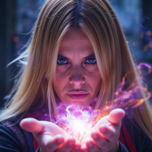 A close-up, sharply focused portrait of a slender, beautiful blonde woman with striking blue eyes, depicted as a powerful mage performing a ritual to eradicate all forms of witchcraft. Her blue eyes are exceptionally vivid and clear, reflecting the intensity and determination of her magic. She is surrounded by elements of cleansing and destruction, including swirling energy blasts, dynamic bursts of light, and powerful magical symbols. The colors of the ritual are vivid, with intense purples, fiery reds, and electric blues, creating a dramatic and purifying atmosphere. Ethereal halos of these colors form intricate patterns around her, representing the force of the ritual. Her hands are outstretched, channeling a fierce, radiant energy that sweeps away dark magical forces, with mystical symbols of purification and destruction emanating from her palms. The background is softly blurred to keep the focus on her and the energetic elements of the ritual. The image should be rendered in ultra-high resolution (8K or higher) with exceptional detail, capturing the texture of her skin, the clarity of her blue eyes, the dynamic energy of the ritual, and the vibrant colors. Use realistic lighting to enhance the powerful and cleansing ambiance, ensuring no blurring, pixelation, or artifacts.