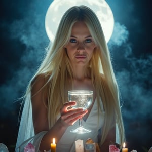 A close-up, sharply focused portrait of a slender, beautiful blonde woman with striking blue eyes, depicted as a powerful mage performing a Full Moon spell to enhance love, prosperity, and the manifestation of desires. Her blue eyes are exceptionally vivid and clear, glowing with the energy of the moonlight.Luna llena: The Full Moon is prominently featured in the background, occupying a significant portion of the sky, its surface glowing with intricate details of craters and lunar textures. The moonlight cascades down, enveloping the mage in a soft, silvery glow, enhancing the mystical atmosphere.Ritual Elements:Moonlight Chalice: In one hand, she holds a silver chalice filled with moonlit water, shimmering with magical energy. The water reflects the Full Moon, intensifying the ritual's power.Candles: Surrounding her are candles in shades of pink, gold, and white, representing love, prosperity, and purity. These candles are lit and burning brightly, their flames flickering in sync with the moon's energy.Crystal Grid: At her feet lies a carefully arranged crystal grid, with rose quartz for love, citrine for prosperity, and clear quartz for manifesting desires. The crystals glow softly, reflecting the light of the moon and the magical energy of the ritual.Written Intentions: Small pieces of parchment with handwritten intentions are placed within the crystal grid, each representing a wish she intends to manifest under the Full Moon's power.Lunar Aura: The mage is surrounded by a lunar aura—a glowing, silver-blue light that pulses with the rhythm of the moon, amplifying the potency of her spell. This aura is infused with symbols of the moon and stars, swirling around her in a protective, energizing halo.The Full Moon is central to the composition, its light reflecting in the mage's vivid blue eyes and enhancing every aspect of the ritual. The mage stands in a majestic pose, her eyes locked onto the Moon as if drawing down its power directly into her spell.The background is softly blurred, keeping the focus on the mage, the Full Moon, and the powerful ritual elements. The image should be rendered in ultra-high resolution (8K or higher) with exceptional detail, capturing the moon’s surface, the clarity of her eyes, and the shimmering light of the ritual. Use realistic lighting to emphasize the connection between the mage and the Full Moon, ensuring no blurring, pixelation, or artifacts.