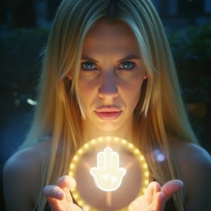 A close-up, sharply focused portrait of a slender, beautiful blonde woman with striking blue eyes, depicted as a powerful mage performing a ritual to cleanse the evil eye. Her blue eyes are exceptionally vivid and clear, glowing with determination and mystical energy.The scene prominently features several protective and cleansing items:Hamsa: A large, intricately detailed Hamsa hand amulet is central in the scene, radiating a strong, pulsating light that symbolizes divine protection and strength. The Hamsa is depicted with delicate engravings and is surrounded by a glowing aura, highlighting its importance in the ritual.Nazarlik (Evil Eye Amulet): A traditional blue and white glass amulet hangs prominently, emitting a soft, protective glow. The amulet's blue color is vibrant, standing out against the mystical backdrop.Egg: A white egg, representing the absorption of negative energies, is held carefully in the mage's hand, positioned near the Hamsa, as if it is being charged with protective energy.Mirrors: Several small, reflective mirrors are strategically placed around her, capturing and deflecting negative energies. Each mirror reflects the protective light from the Hamsa, creating a web of defensive energy.Surrounding the mage is an intensely glowing aura shield, a nearly tangible force field that shimmers with a protective, golden-blue light. This shield is powerful and impenetrable, forming a radiant barrier that not only protects the mage but also amplifies the potency of the Hamsa and other protective elements. The aura is dynamic, with waves of energy pulsing outward, deflecting any negative forces.The mage's hands are gracefully moving in the ritual, with streams of light flowing from her fingertips, interacting with the Hamsa and reinforcing the aura shield. The scene is filled with an intense, protective energy, with halos of blue and gold light enhancing the magical atmosphere.The background should be softly blurred to maintain focus on the mage, her vivid blue eyes, and the powerful protective elements. The image should be rendered in ultra-high resolution (8K or higher) with exceptional detail, capturing the intricate designs of the Hamsa, the clarity of the Nazarlik, and the vibrant energy of the aura shield. Use realistic lighting to emphasize the magical and protective ambiance, ensuring no blurring, pixelation, or artifacts.