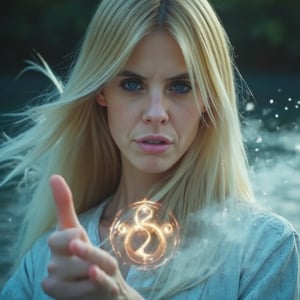 A close-up, sharply focused portrait of a slender, beautiful blonde woman with striking blue eyes, depicted as a water mage performing a mystical ritual. Her blue eyes are exceptionally vivid and clear, capturing the depth and clarity of her magic. She is surrounded by flowing water elements, including shimmering waves, swirling currents, and delicate droplets that enhance the magical atmosphere. The water forms ethereal halos and intricate patterns around her, reflecting a serene and powerful presence. Her hands are raised, channeling the water energy, with soft, glistening light and swirling mystical symbols emanating from her palms. The background is softly blurred to maintain focus on her and the detailed water elements. The image should be rendered in ultra-high resolution (8K or higher) with exceptional detail, capturing the texture of her skin, the clarity of her blue eyes, the fluid movement of the water, and the intricate water patterns. Use realistic lighting to highlight the magical and tranquil ambiance, ensuring no blurring, pixelation, or artifacts.