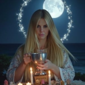 A close-up, sharply focused portrait of a slender, beautiful blonde woman with striking blue eyes, depicted as a powerful mage performing a Full Moon spell to enhance love, prosperity, and the manifestation of desires. Her blue eyes are exceptionally vivid and clear, glowing with the energy of the moonlight.The scene is bathed in the soft, silvery light of the Full Moon, which hangs large and luminous in the sky above her, casting an ethereal glow over the entire ritual.Ritual Elements:Moonlight Chalice: In one hand, she holds a silver chalice filled with moonlit water, shimmering with magical energy. The water is imbued with the power of the Full Moon, ready to amplify her intentions.Candles: Surrounding her are candles in shades of pink, gold, and white, representing love, prosperity, and purity. These candles are lit and burning brightly, their flames dancing in harmony with the moon's energy.Crystal Grid: At her feet lies a carefully arranged crystal grid, with rose quartz for love, citrine for prosperity, and clear quartz for manifesting desires. The crystals glow softly, reflecting the light of the moon and the magical energy of the ritual.Written Intentions: Small pieces of parchment with handwritten intentions are placed within the crystal grid, each representing a wish she intends to manifest under the Full Moon's power.Lunar Aura: The mage is surrounded by a lunar aura—a glowing, silver-blue light that pulses with the rhythm of the moon, amplifying the potency of her spell. This aura is infused with symbols of the moon and stars, swirling around her in a protective, energizing halo.The mage's hands move gracefully, performing intricate gestures that direct the moon's energy into the ritual elements. The moonlight reflects in her vibrant blue eyes, which are sharply focused and glowing with determination.The background is softly blurred, focusing attention on the mage, the ritual elements, and the Full Moon's glow. The image should be rendered in ultra-high resolution (8K or higher) with exceptional detail, capturing the texture of the crystals, the clarity of her eyes, and the shimmering light of the moon. Use realistic lighting to emphasize the mystical and powerful ambiance, ensuring no blurring, pixelation, or artifacts.