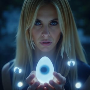 A close-up, sharply focused portrait of a slender, beautiful blonde woman with striking blue eyes, depicted as a powerful mage performing a ritual to cleanse the evil eye. Her blue eyes are exceptionally vivid and clear, reflecting the intensity and focus of her magical work.The scene features several protective and cleansing items:Nazarlik (Evil Eye Amulet): A traditional blue and white glass amulet prominently displayed, glowing softly with protective energy.Egg: A white egg held delicately in the mage's hand, symbolizing the absorption of negative energies.Hamsa: A protective hand-shaped amulet visible near her, glowing with a subtle, mystical light, representing protection and strength.Mirrors: Small, reflective mirrors surrounding her, deflecting negative energies away from her and the ritual space.The mage is surrounded by a powerful aura shield, a glowing, protective force field that pulses with a calming, soft light, creating a safe space where negative energies cannot penetrate. Her hands are gently, yet purposefully, moving through the ritual, with light emanating from her fingertips, interacting with the various protective items. The scene is bathed in a mystical, protective ambiance, with subtle halos of blue and white light enhancing the overall effect.The background should be softly blurred, maintaining a strong focus on the mage and the ritual elements, particularly the vivid blue of her eyes and the glowing protective items. The image should be rendered in ultra-high resolution (8K or higher) with exceptional detail, capturing the texture of her skin, the clarity of her blue eyes, and the intricate details of the amulets and protective symbols. Use realistic lighting to highlight the magical and protective atmosphere, ensuring no blurring, pixelation, or artifacts.