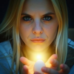 A mesmerizing close-up portrait of a slender, blonde mage, her striking blue eyes radiating determination as she performs a ritual to cleanse the evil eye. The Hamsa hand amulet at center, surrounded by an aura, pulsates with divine protection. Nazarlik and mirrors reflect negative energies, while a white egg symbolizes energy absorption. A golden-blue aura shield surrounds the mage, amplified by her hands' gentle movements. Softly blurred background maintains focus on the mage's powerful, vivid blue eyes, as realistic lighting enhances magical ambiance.