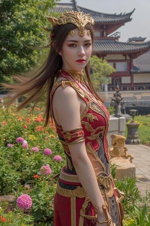 A warrior woman stands proudly, her hair whipping wildly in the wind as she gazes directly at the camera. Framed by lush greenery, she wears intricately embroidered ancient warrior cloth adorned with headdress, bangles, and accessories amidst a riot of colorful flowers. The rim light casts a warm glow on her determined expression, while backlight highlights the delicate petals. Set against the majestic backdrop of a Chinese ancient city, this portrait exudes strength and beauty in HDR.,Xmeidusha,photo