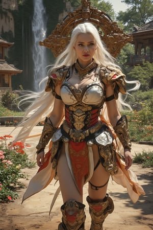 A serene young woman with striking white hair flows like silk in the gentle breeze, clad in shimmering warrior attire. A majestic decoration hovers behind her, as if summoned by her presence. Amidst a tapestry of flowers, she walks through the lush foliage, ancient gazebo and waterfall looming to her left. Warm studio light casts a soft glow on her features, while rim light highlights the delicate folds of her fabric. The subtle interplay of backlight, Rembrandt lighting, and shadows dancing across the surrounding buildings adds depth and mystique to this ethereal scene.