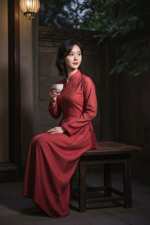 A Korean young woman sits elegantly on a vintage wooden bench in a dimly lit traditional tea house at dusk. She wears a vibrant red hanbok with intricate embroidery and holds a delicate porcelain cup in her hand, her eyes gazing softly into the distance. The warm lighting casts a gentle glow on her features as she effortlessly sips her tea, surrounded by lush greenery and ancient stone walls.