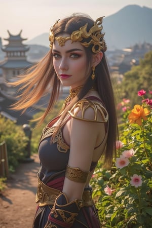 A majestic warrior woman stands proud, her long hair whipping wildly in the wind as she gazes directly into the lens. Framed by lush greenery and vibrant blooms, she wears an elaborate headdress adorned with bangles and accessories amidst a tapestry of colorful flowers. The rim light casts a warm glow on her face, while backlight illuminates the delicate petals surrounding her. In the distant background, ancient Chinese city structures rise majestically against the sky, captured in breathtaking High Dynamic Range (HDR) detail.