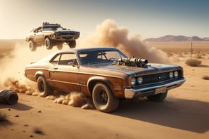 mercury coupe, mad max, desert, trucks, attack, boarding, gunfire, explosions, jump ahead, dust from wheels, motorcycles, high speed pursuit, many objects in frame, ultra detail overall, panoramic plan,