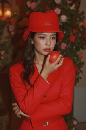 A striking close-up shot of a young woman, dressed in a vibrant red ensemble, holds a crimson apple against her bright red lips. Her gaze is direct, confidence exuding from her piercing stare. The soft focus bokeh background at the garfed with full of flowers adds depth, while the intricate details of her outfit - including the matching hat, belt, and accessories - create a visually stunning frame.