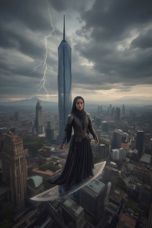 Shot from above, wide-angle lens captures aerial majesty as a hijabi woman defies gravity, effortlessly surfing on a ridingsword amidst the iconic MERDEKA Tower's sleek lines. Dark, turbulent skies swirl with thunderous clouds, punctuated by flashes of lightning. Her trendy hijab, adorned with armor accents, shines like a beacon of empowerment.