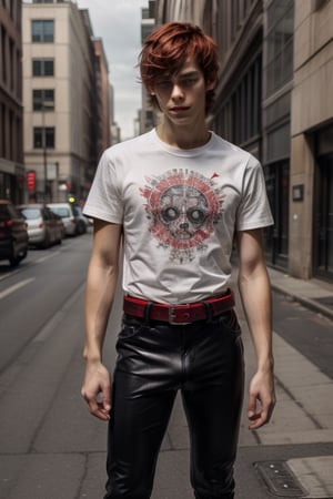 skinny body, black skinny pants, leather pants, red hair, white shirt, red belt, white sneakers, red print shirt, emo hair, twink, boy, t-shirt,bulge