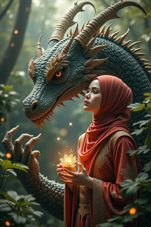 Create a HyperRealistic image, In a magical world, a dragon and a hijab fairy princess wearing a red kaftan share an enchanting magical story. The dragon, a combination of Asian and European majestic and powerful, exudes an aura of strength. Beside him, the fairy princess with a flower aura on her hands, ethereal and graceful, glows with an otherworldly beauty. They are depicted in a lush, enchanted forest, filled with vibrant colors and magical flora. The scene captures their deep connection, with the dragon's protective gaze on the princess, and her tender snuggled up to dragons 's chest, loving expression towards the dragon. Their love transcends the ordinary, blending the might of the dragon with the delicate charm of the fairy princess. The style is a combo of an Art Neuvo Manhwa and color pallete muted earth shades and greens