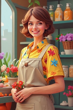 Portrait of a florist woman wearing flowery shirt and a apron in a flower shop, masterpiece, as trending in artstation,Low poly art,low poly style,low poly pop art,low poly illustration,low poly illustration,artberat