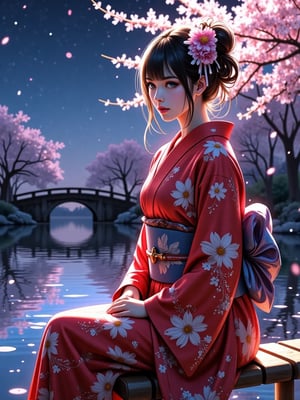 Portrait of a beautiful Geisha lady wearing long red flowery kimono, seating on a a bamboo bench, bioluminiscent lake, sakura trees, a bridge, falling leaves, night scene with starry night, realistic digital painting style, soft lighting, intricate details on clothing and hair, by Sakimichan, Pixiv and DeviantArt