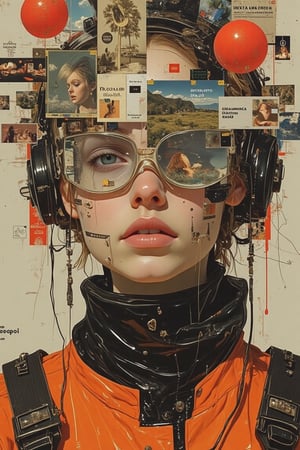 A visually complex digital collage with a surrealistic touch. The central focus is a distorted, abstracted face of a young russian happy lady in cyberpunk orange suit, The person's features are fragmented and overlaid with a variety of mixed media elements, such as scenery images, portrait images, diagrams, neonlines, and other graphical elements. The composition is characterized by a chaotic, layered arrangement. Graphic Text at the bottom “VOKAB 5K” The distorted, disjointed features and the incorporation of diverse visual elements suggest a theme of the blurring of boundaries between the physical and digital realms.