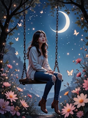 A dreamy, magical style with a touch of anime aesthetics a young woman sitting on a swing surrounded by an enchanting, glowing nightscape. The scene is surrounded by soft lights, colorful flowers, and glowing fireflies or small lights. The crescent moon hangs brightly in the sky, and butterflies fly around. The woman wears ripped jeans and a white jacket as she looks thoughtfully into the distance. Her gaze is dreamy, and the whole atmosphere of the picture conveys a sense of magic and tranquility