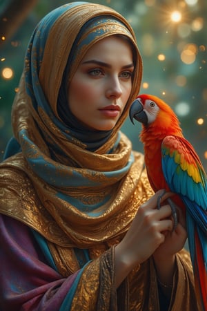 Create an image of a perfectly beautiful hijab princess of ancient Egypt in a forest,  she’s talking to a parrot perched on her hand that is reflecting colors of deep brown, grey, silver, gold, metal and bronze, the background is sparkling colors of green, blue, red, yellow, purple, and orange