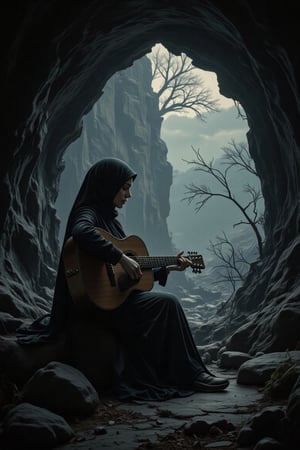 A black gothic-style artwork of a woman in a hijab, sitting gracefully at the edge of a cave, playing a guitar. The scene combines gothic aesthetics with a dramatic silhouette effect. She appears serene and focused, her figure silhouetted against the dark, shadowy cave entrance. Surrounding her, intricate patterns merge with natural stone textures, blending gothic elements with the mystery of the cave. The scene is illuminated by faint, mystical light that enhances the silhouette, casting her in both shadow and subtle detail. The overall atmosphere is mysterious, serene, and hauntingly beautiful.,LinzGothic,cinematicxhan