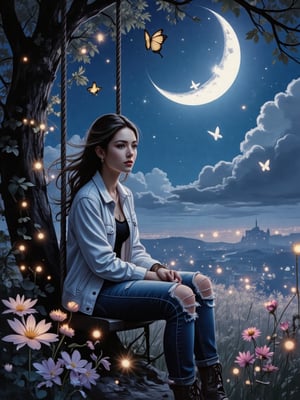 A dreamy, magical style with a touch of anime aesthetics a young woman sitting on a swing surrounded by an enchanting, glowing nightscape. The scene is surrounded by soft lights, colorful flowers, and glowing fireflies or small lights. The crescent moon hangs brightly in the sky, and butterflies fly around. The woman wears ripped jeans and a white jacket as she looks thoughtfully into the distance. Her gaze is dreamy, and the whole atmosphere of the picture conveys a sense of magic and tranquility