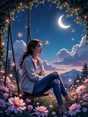 A dreamy, magical style with a touch of anime aesthetics a young woman sitting on a swing surrounded by an enchanting, glowing nightscape. The scene is surrounded by soft lights, colorful flowers, and glowing fireflies or small lights. The crescent moon hangs brightly in the sky, and butterflies fly around. The woman wears ripped jeans and a white jacket as she looks thoughtfully into the distance. Her gaze is dreamy, and the whole atmosphere of the picture conveys a sense of magic and tranquility