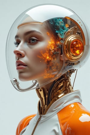 Create a hyper-realistic Surrealism (RAW, simulation), a Russian girl cyborg with a head and the face crafted entirely from delicate layer of clear glass, inside the clear glass shell are vibrant color ink art on her face, reflecting a fusion of precision engineering and delicate artistry, matte white and gold bodysuits, big-puffer white-orange latex jacket, absolutely luxurious surface colors and lighting, light and shadow shapes, ultra-unique natural textures, vray